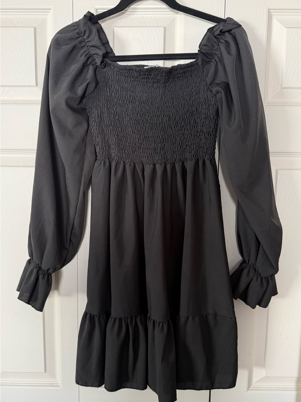 Black Smocked Babydoll Dress with Puff Sleeves
